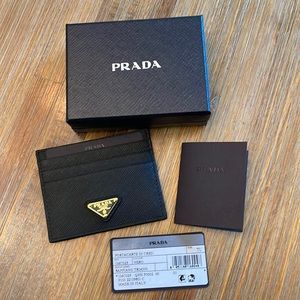 Authentic New Prada Black Gold Leather Card Holder